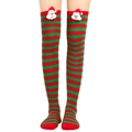 Detail of festive red and green striped over-the-knee socks with 3D Santa Claus plush - One Size / Red & Green Stripes