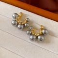 Macro detail of French style C-shape hoop earrings with gradient grey pearls and gold base - 26# Silver Earring Post - Grey - C Shape
