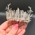 Silver branch hair comb with natural clear crystals and moon-inspired branch design - White + Branch
