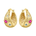 Boucles d'oreilles dorées martelées avec étoile rose et zircons colorés - Créole à Texture Colorée 4384