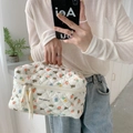 Quilted floral cotton makeup bag with cute bear print and soft top handle for travel - Floral Bear (Single Line Letter)