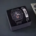 Men's gift set featuring a square black dial watch and metal bracelet in a black box - 1020 Square Black Dial Watch + Bracelet + Box