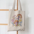 Beige canvas tote bag with butterfly mushroom floral print on wooden hanger - Mushroom Floral Illustration (10) / 39cm*35cm