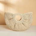 Minimalist beige woven crescent beach bag with integrated rectangular handle detail - Beige