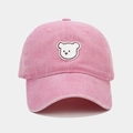 Close-up of pink washed cotton baseball cap with cute white bear embroidery detail - Adjustable / Pink
