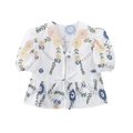 Blusa de lino blanca para mujer con estampado de margaritas, cuello en V y mangas abullonadas - S / Estilo Estampado Margarita