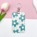 Floral student ID card holder with pink and blue flowers and silver keychain - Round Buckle Keychain / Green Pink