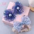 Detailed set of blue floral hair clips and lace bow headband for baby girls - Style 1 (Navy Flower/Light Blue Polka Dot)