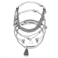 Multi-layered silver metal bracelet set with beads, coin pendants and fringe charms - 4 Pcs Silver Disk Tassel Set