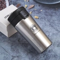 304 stainless steel coffee mug with black push-button lid and engraved typography - 380ml / Gen 1 Twist Lid Style / Steel