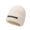 White ribbed knit beanie hat with unique black casual patch for autumn and winter fashion - One Size / Off White