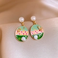 Vintage enamel earrings with pearls and a gold bee detail on champagne satin background - Gold Oval Enamel (92#)