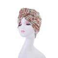 Detail of bohemian turban cap featuring mint green fabric with red floral pattern and knot - Style 15-Light Green Red Orange Floral