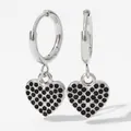 Silver heart dangle earrings with micro-paved black zircon stones and round hoops - Silver With Black Zircon (PDE1239)