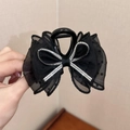 Elegant black mesh bow hair claw clip with polka dots and sparkling rhinestones - Polka Dot Bow-Black Claw Clip 8CM