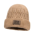 Thick khaki knit beanie with fleece lining and premium leather patch detail - Khaki