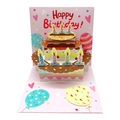 Biglietto di compleanno 3D rosa con torta a tre piani e palloncini colorati - Biglietto di Buon Compleanno / Rosa