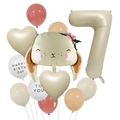 Dettaglio set palloncini coniglio giungla con numero 7 color sabbia e cuori foil - Coniglio e Numero 7