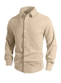Detail van een beige heren gebreid overhemd met getextureerde ruit jacquard patronen - S / Khaki
