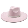 Close-up of pink suede fedora with 9cm wide brim and white leather band detailing - M(56-59CM) / Light Pink (Faux Suede)