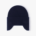 Thick navy blue knitted beanie with earflaps for winter outdoor warmth and style - One Size / Navy Blue