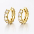 Macro shot of gold hip hop hoop earrings with micro-paved sparkling cubic zirconia - Screw Design Hoop / Gold