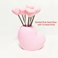 Pink heart-shaped fruit fork set with resin base and ten stainless steel picks - Slanted Pink Heart Base + 10 Pink Heart Forks