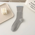 Grey mid-calf cotton socks featuring light blue lace trim and vertical ribbed knit texture - One Size / Light Gray