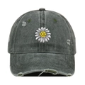 Front view of a grey distressed washed baseball cap with detailed daisy embroidery - One Size / Green