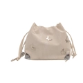 Creamy white bucket bag with silver metal butterfly accents and drawstring closure - White