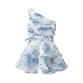 Floral one-shoulder mini dress with waist cut-outs and ruffled layers in blue and white - S / Light Blue