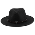 Black fedora straw hat with brown leather band and metal bull skull ornament - M (56-58cm) / Black