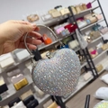 Mini heart evening clutch with colorful rhinestones and silver metal handle grip - 14cmx6cmx13cm / Blue Silver