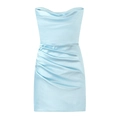Sexy hellblaues Satin-Bodycon-Kleid mit Wasserfallausschnitt und Raffung am Bund - S / Hellblau