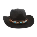 Sombrero de paja de vaquero negro con banda étnica de turquesa para viajes de playa - Negro