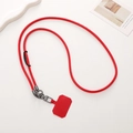 Detail of red braided PU leather phone lanyard with durable metal hooks and phone patch - Crossbody / Red