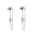 Macro shot of silver evil eye stud with hanging chain and Hamsa hand charm detail - Silver Style (EH00231白K)