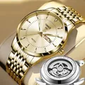Men's gold stainless steel watch with day-date display and transparent case back - Gold Gold Dial (Mechanical Back)
