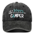 Gorra vintage desgastada gris carbón con bordado Happy Camper e icono de tienda - Ajustable / Negro