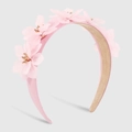 Cerchietto largo elegante con fiori 3D rosa e dettagli dorati su tessuto satinato - Rosa