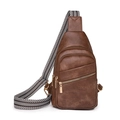 Brown faux leather sling bag with three zippers and ethnic style woven strap - Coffee