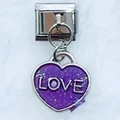 Italian modular stainless steel bracelet link with a purple glittery heart LOVE charm - LOVE