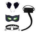 Close-up of 4pcs Halloween cat cosplay set with ears headband, mask, collar, and tail - Black Green Mask 4-Piece Set