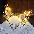 Luminous reindeer antler headband with LED lights and pink floral details in cream white - Antler Headband / Branch Reindeer Antler Warm Light