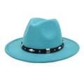 Detail of teal wool fedora hat featuring black faux leather belt and silver metal studs - M (56-58cm) / Lake Blue