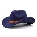 Détail du chapeau de cowboy en feutre bleu foncé avec bande tressée et bord incurvé - M (56-58 cm) Réglable / Bleu marine