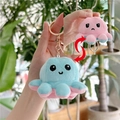 Detail of reversible octopus plush keychain showing blue happy and pink sad expressions - Blue to Pink - Gold Hook