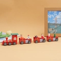 Tren de madera rojo navideño con figuras de muñeco de nieve y ositos festivos - Rojo Ruedas Móviles