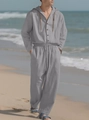 Grijze heren set van katoen en linnen met capuchonshirt en broek met trekkoord voor strand - S / Grijs