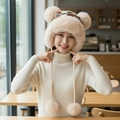 Winter plush trapper hat with deer antlers and cute pom-poms for ear protection - Pocket Multi-Pom Style / Beige